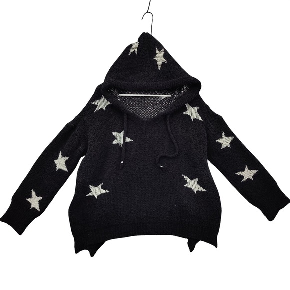 POL Tops - POL Womens Whimsigoth Celestial Star Fuzzy Eyelash Knit Hoodie M Black Soft Cozy
